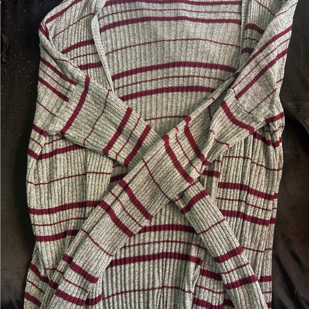 Ribbed Gray and Red Cardigan with V-Neck